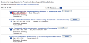 A screen shot of the library's online catalog showing the search results for the word "map". The first entry has a red rectangle around the call number.