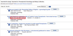 A screen shot of the library's online catalog showing the search results for the word "map". The second entry has a red rectangle around the call number.
